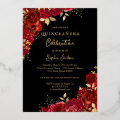 Ruby Red Gold Rose Quinceanera Folieneinladung (Rückseite)