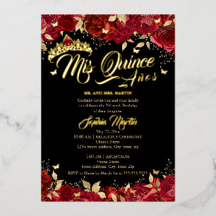 Ruby Red Gold Schwarz Rose Mis Quince Quinceanera  Folieneinladung