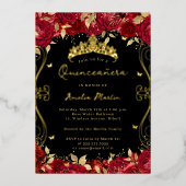 Ruby Red Gold Swirl Scroll Floral Quinceanera Folieneinladung (Vorderseite)