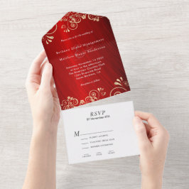 Ruby Red Gold Swirl Wedding All In One Einladung