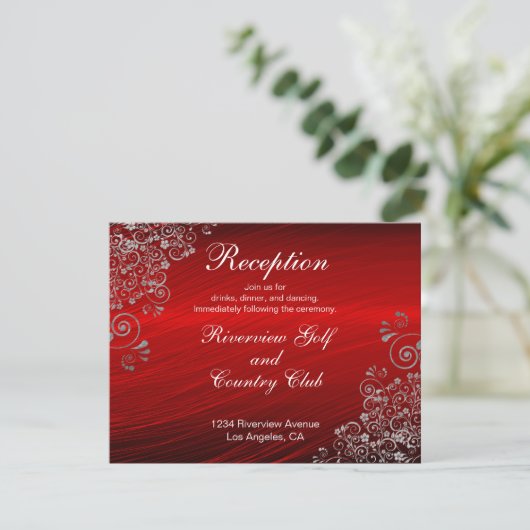 Ruby Red Gray Wirbel Hochzeitsempfang Einladung (Stehend Vorderseite)
