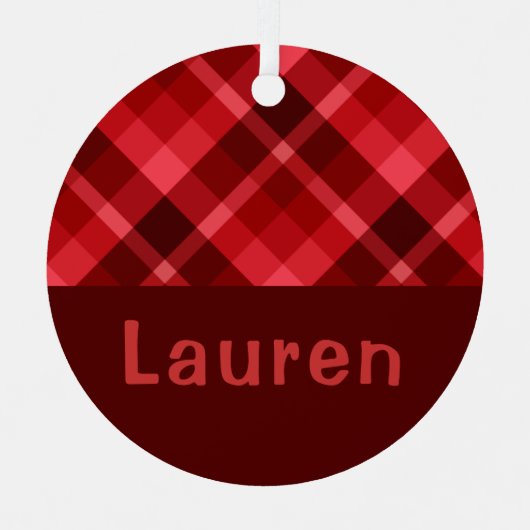 Ruby Red Kariert Monogram Circle Metal Ornament (Vorderseite)