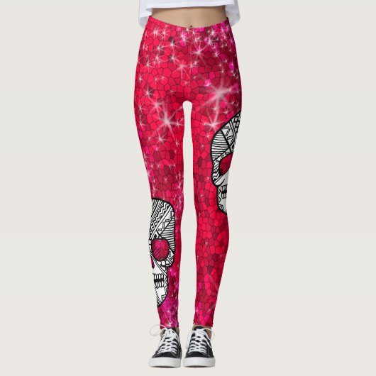 Ruby Red Kristall Glitzer Sequin Sugar Skulls Leggings (Vorderseite)