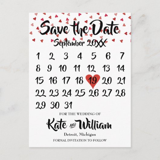 Ruby Red Liebe Herzkalender Save the Date Ankündigungspostkarte (Vorderseite)