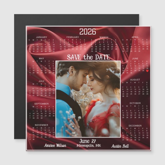 Ruby Red Luxury Satin Save the Date Engaged Couple Magnetkarte (Vorne/Hinten)