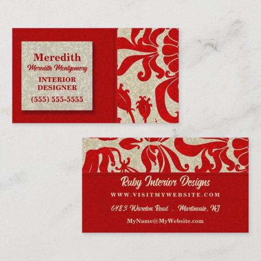 Ruby Red mit Taupe Damask Print Visitenkarte (Vorne/Hinten)