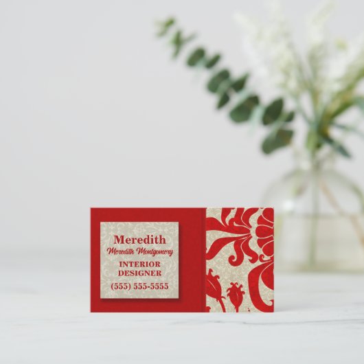 Ruby Red mit Taupe Damask Print Visitenkarte (Stehend Vorderseite)