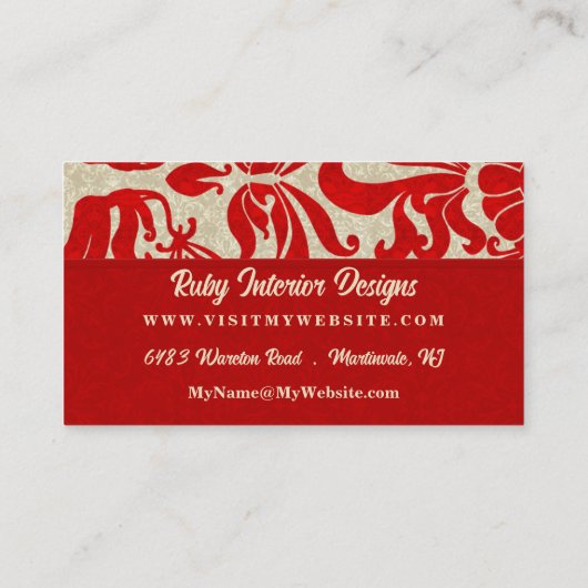 Ruby Red mit Taupe Damask Print Visitenkarte (Rückseite)