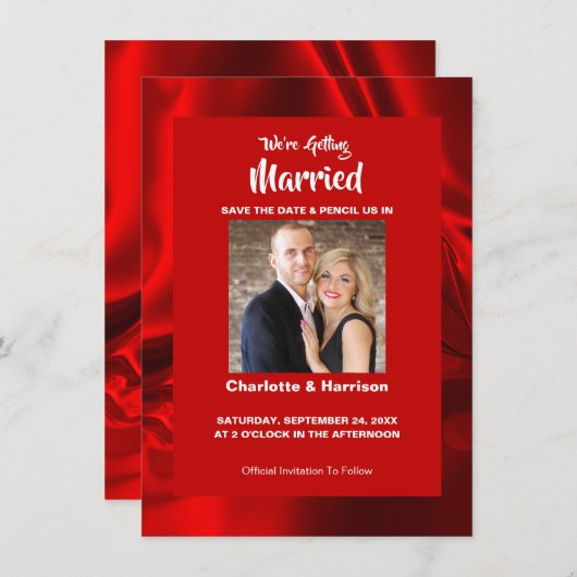 Ruby Red Modern Satin Glam Foto Wedding Save The Date (Vorne/Hinten)