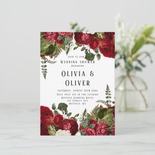 Ruby Red Peonies Polterabend Einladung (Stehend Vorderseite)