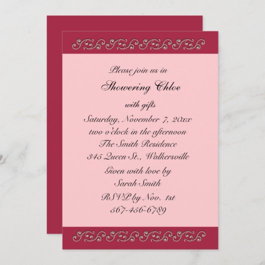 Ruby Red, Pink und Pearls Brautparty Einladung (Vorne/Hinten)