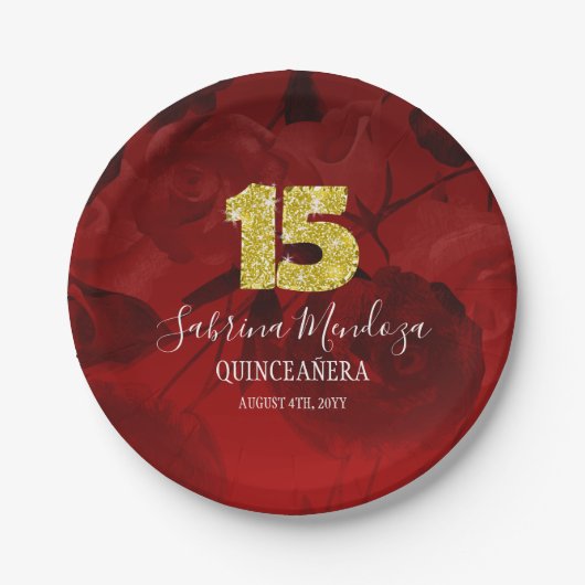 Ruby Red Quinceanera Gold #15 Paper Tellers Pappteller (Vorderseite)