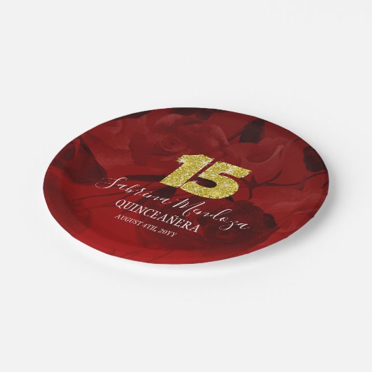 Ruby Red Quinceanera Gold #15 Paper Tellers Pappteller (Schrägansicht)