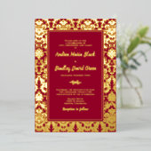Ruby Red Real Gold Foil Damask Wedding Folieneinladung (Stehend vorne)
