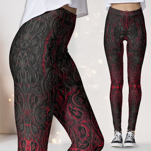 Ruby Red Romantic Weathered Gothic Crosses Pattern Leggings