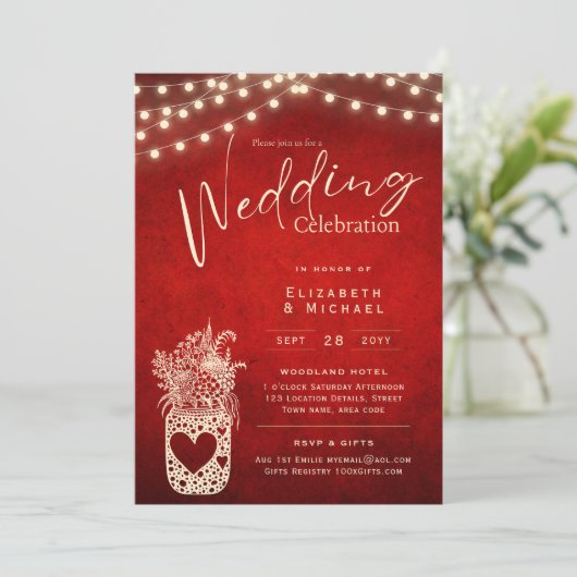 Ruby Red Rustic Mason Jar Wedding DIGITAL Print Einladung (Stehend Vorderseite)