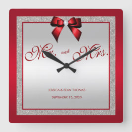 Ruby Red & Silver Glitzer Wedding Day Quadratische Wanduhr