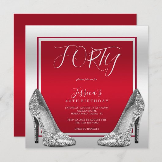 Ruby Red & Silver Stilettos 40. Geburtstag Einladung (Vorne/Hinten)