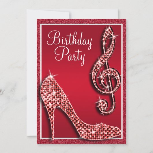 Ruby Red Stiletto & Treble Clef Birthday Einladung (Vorderseite)