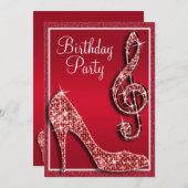 Ruby Red Stiletto & Treble Clef Birthday Einladung (Vorne/Hinten)
