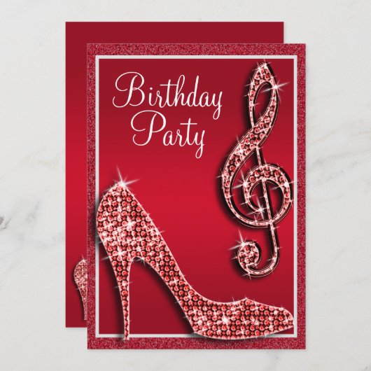 Ruby Red Stiletto & Treble Clef Birthday Einladung (Vorne/Hinten)