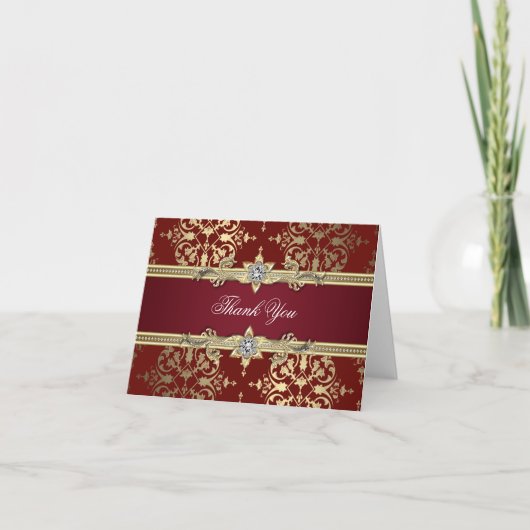 Ruby Red und Gold Damask Vielen Dank Dankeskarte (Vorderseite)