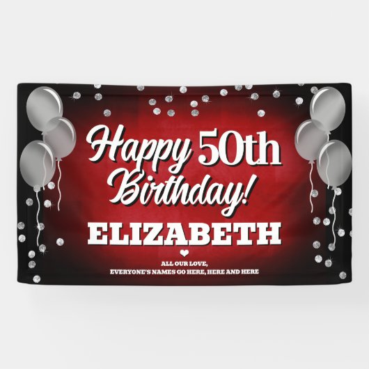 Ruby Red und Silver Happy Birthday Banner (Horizontal)