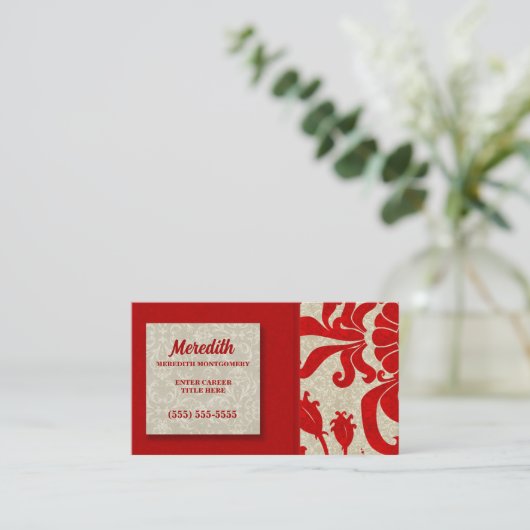 Ruby Red und Taupe Damask Visitenkarte (Stehend Vorderseite)