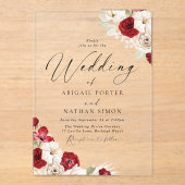 Ruby Red & White Floral Watercolor Wedding Acryleinladungen (Vorderseite)