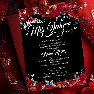 Ruby Rose Mis Quince Rot Silber Schwarz Quinceaner Folieneinladung