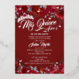 Ruby Rose Rot Silber Mis Quince Quinceanera  Folieneinladung