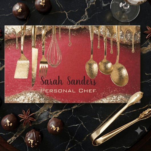 Ruby Rot & Gold Glitter-Drip-Personal-Chef  Visitenkarte