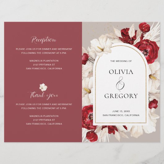 Ruby Rot und Weiß Blumen Hochzeit Programme (Vorderseite)
