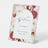 Ruby Rot und Weiß Blumen Hochzeit Willkommen Sockelschild (Vorderseite)