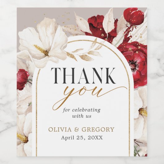 Ruby Rot-Weiß Blumen Hochzeit danke Weinetikett (Einzelnes Label)