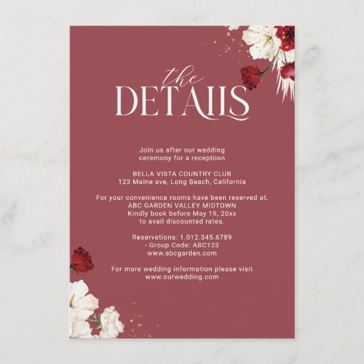 Ruby Rot-Weiß-Blumenhochzeit Details Begleitkarte (Vorderseite)
