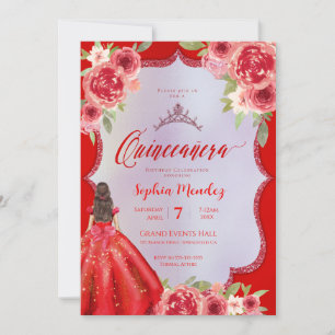 Ruby-Rote Florale Wasserfarbe Quinceanera Einladung