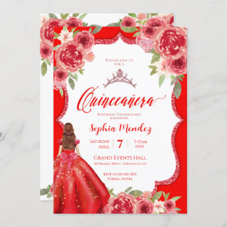 Ruby Rote Rose Floral Watercolor Quinceanera Einladung
