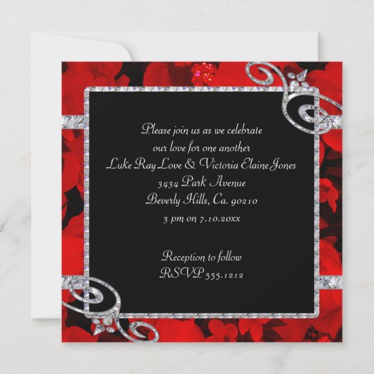 Ruby Rote Rosen & Diamond Wirbel Hochzeit Einladung (Rückseite)