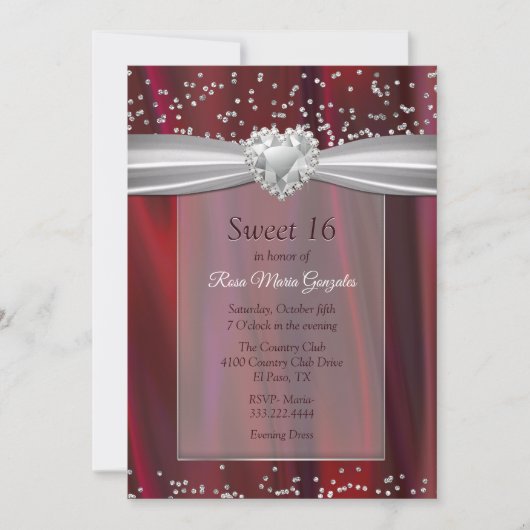 Ruby Satin and Diamonds Sweet 16 Einladung (Vorderseite)