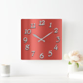 Ruby Silk Red Metallic Arabic Numbers Silver Gray Quadratische Wanduhr (Zuhause)