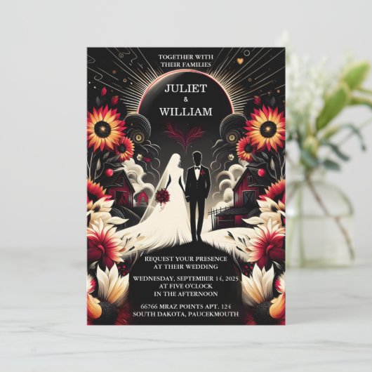 Ruby Thick Claret White Heart Red Black Wedding Einladung (Stehend Vorderseite)