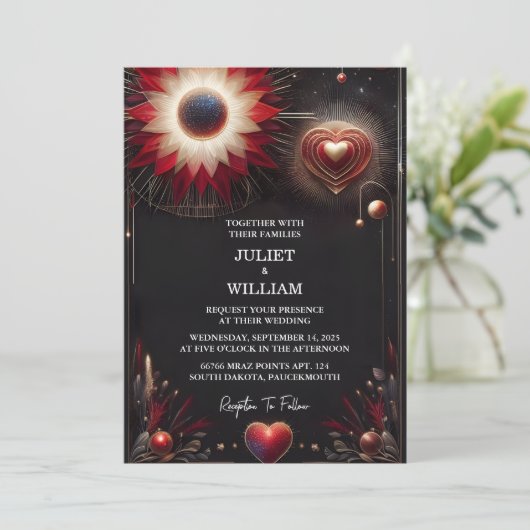 Ruby Thick Claret White Heart Red Black Wedding Einladung (Stehend Vorderseite)