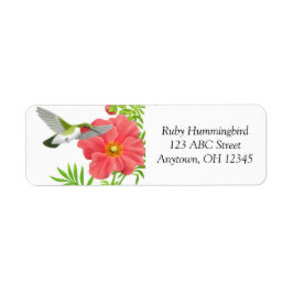 Ruby Throated Hummingbird auf dem Label Geum Blume