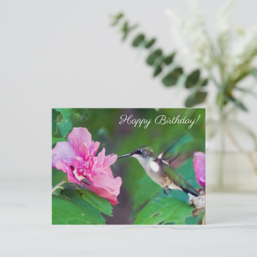 Ruby Throated Hummingbird Happy Birthday Postcard Postkarte (Stehend Vorderseite)