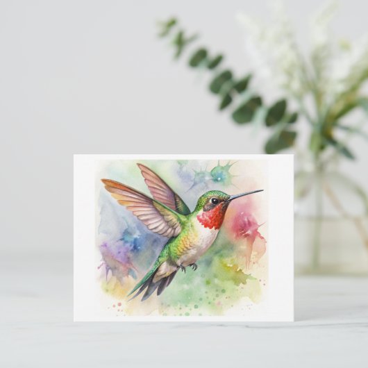 Ruby-throated Hummingbird in Erholung Wasserfarbe Postkarte (Stehend Vorderseite)