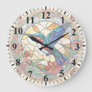 Ruby Throated Hummingbird Stached Glass Bird Clock Große Wanduhr