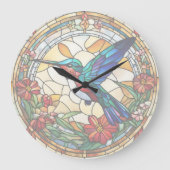 Ruby Throated Hummingbird Stached Glass Bird Clock Große Wanduhr (Vorderseite)