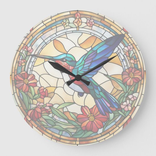 Ruby Throated Hummingbird Stached Glass Bird Clock Große Wanduhr (Vorderseite)