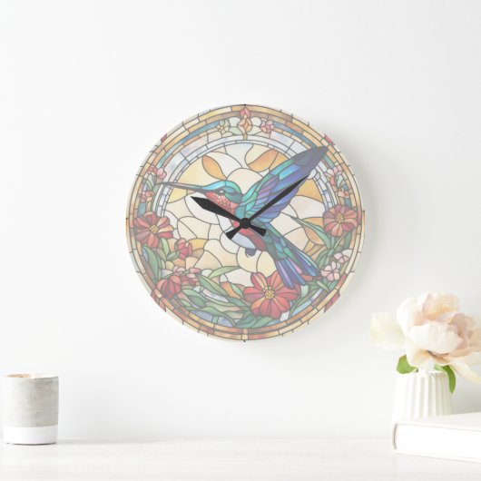 Ruby Throated Hummingbird Stached Glass Bird Clock Große Wanduhr (Zuhause)